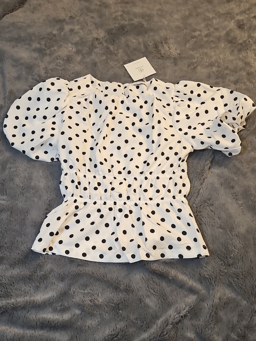 White Polka Dot Puff-Sleeve Peplum Blouse